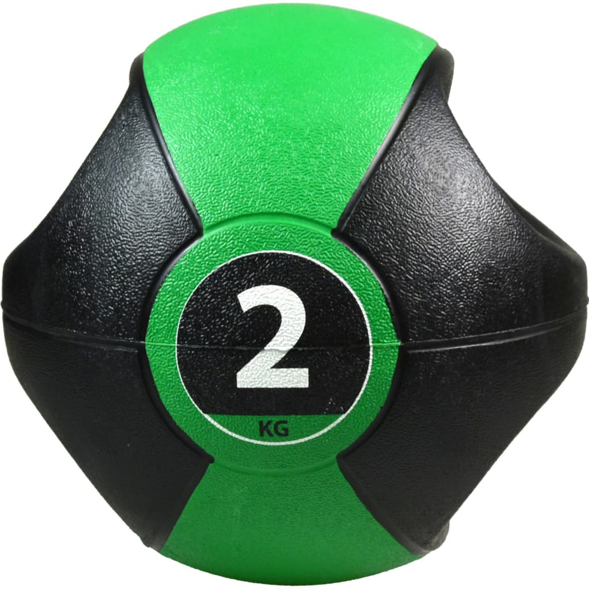 Ballon médicinal vert et noir avec un cercle blanc '2 KG' au centre.