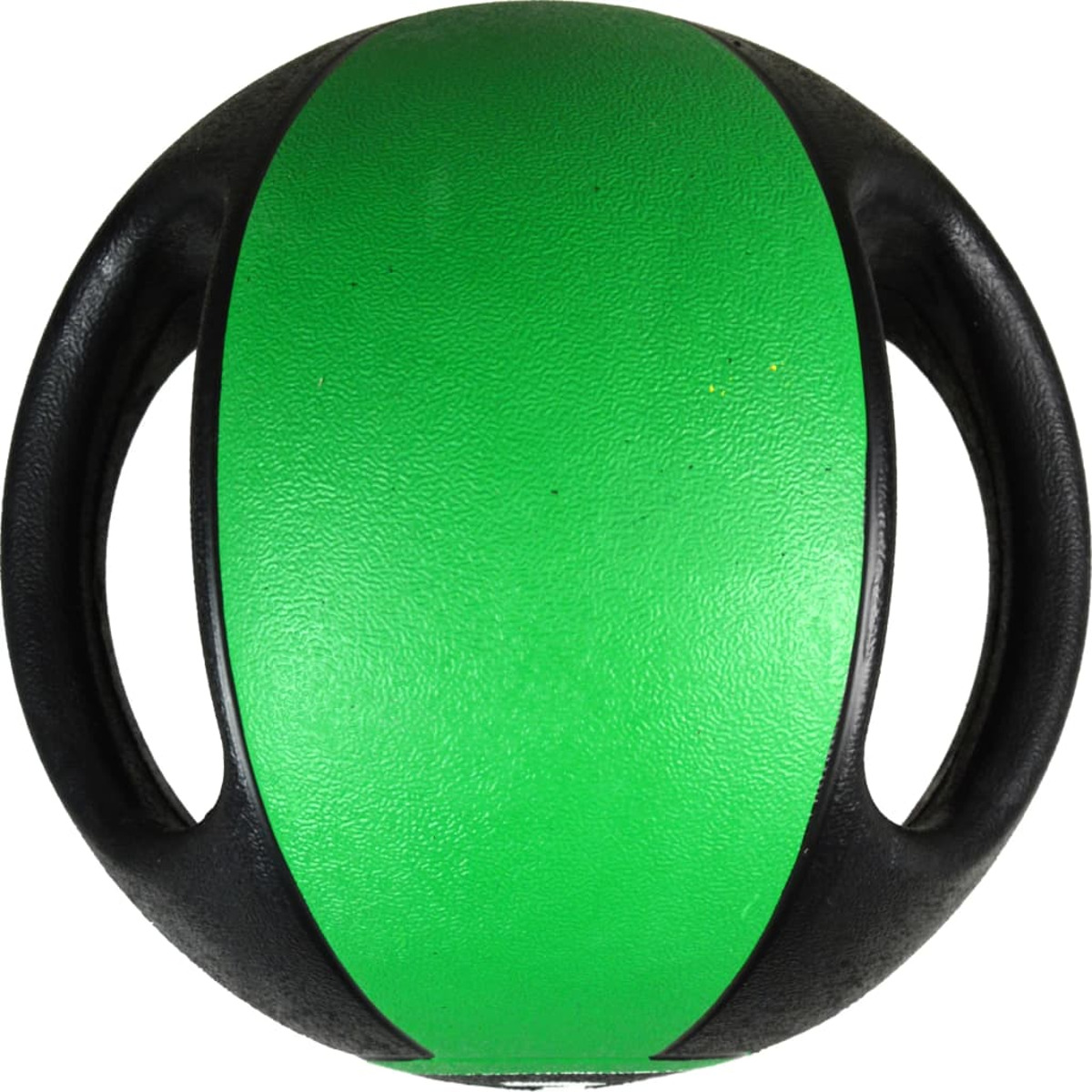Ballon médicinal vert et noir avec poignées. Isolé sur fond blanc. Équipement de fitness.