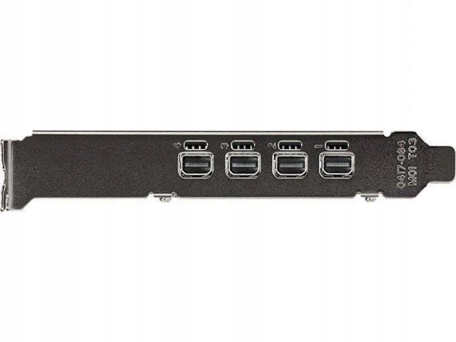 Scheda grafica con più porte, tra cui DisplayPort, su sfondo nero.