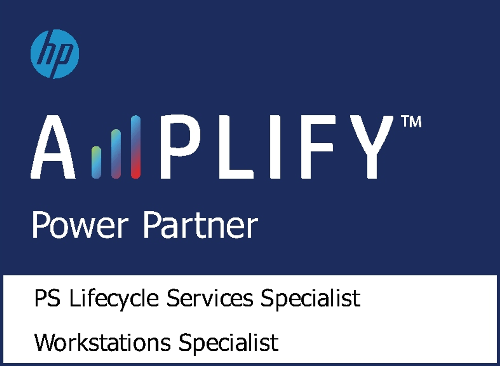 Logo HP Amplify Power Partner, sfondo blu scuro, testo bianco.