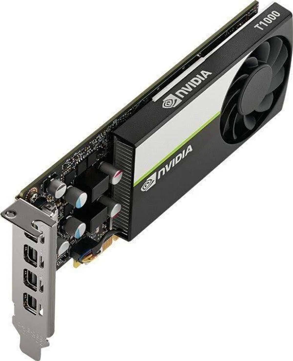 Scheda grafica NVIDIA T1000, nera e verde, con ventola, vista dall'alto.