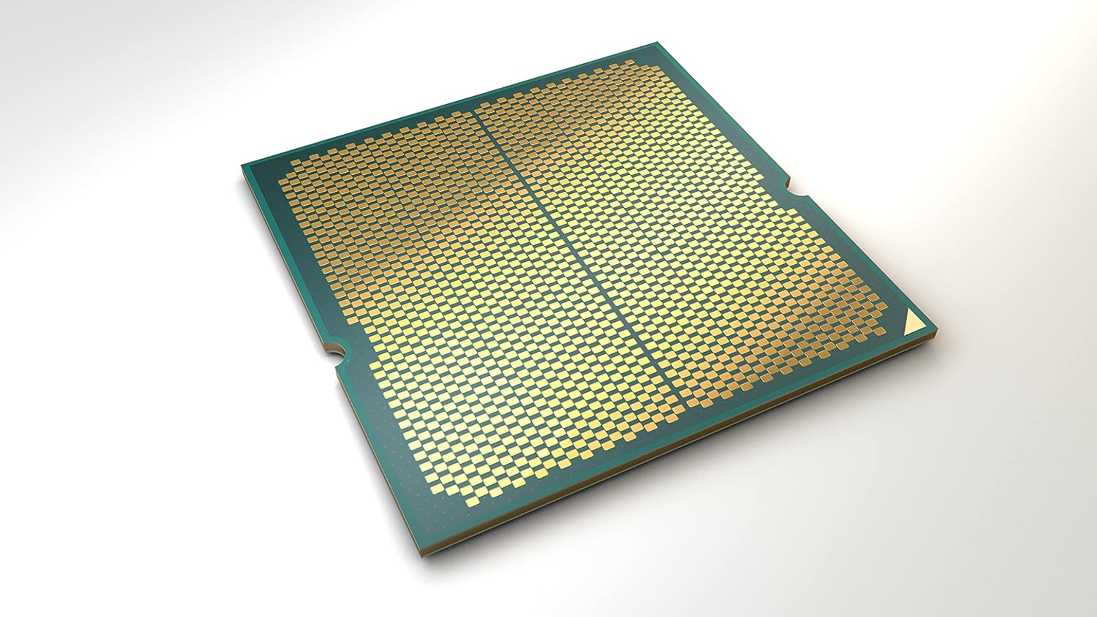 Zbliżenie układu CPU, złote kwadraty na zielonej podstawie.