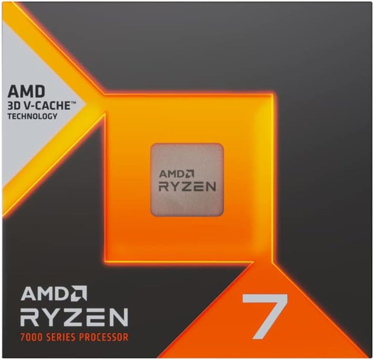 Pudełko procesora AMD Ryzen 7, pomarańczowo-szary design. Białe tło.