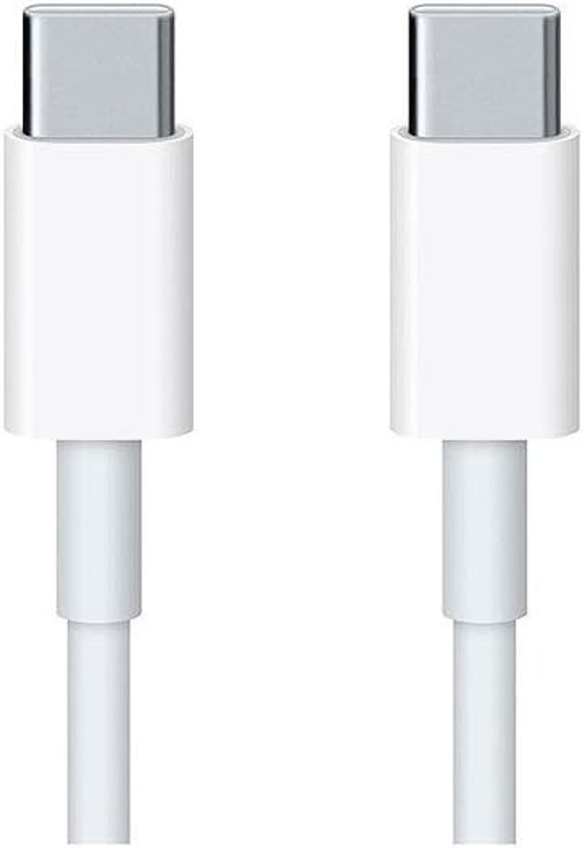 Dwa białe kable USB-C ze srebrnymi złączami. Białe tło.