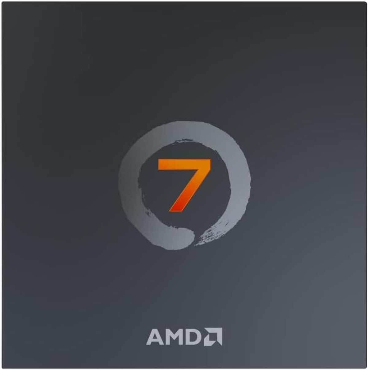 Logo AMD Ryzen 7. Logo jest pomarańczowe na szarym tle.
