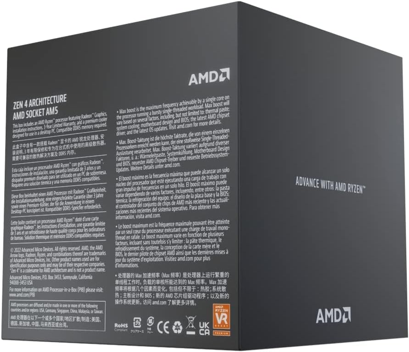 Pudełko procesora AMD Ryzen. Tekst w wielu językach, z logo i informacjami AMD.
