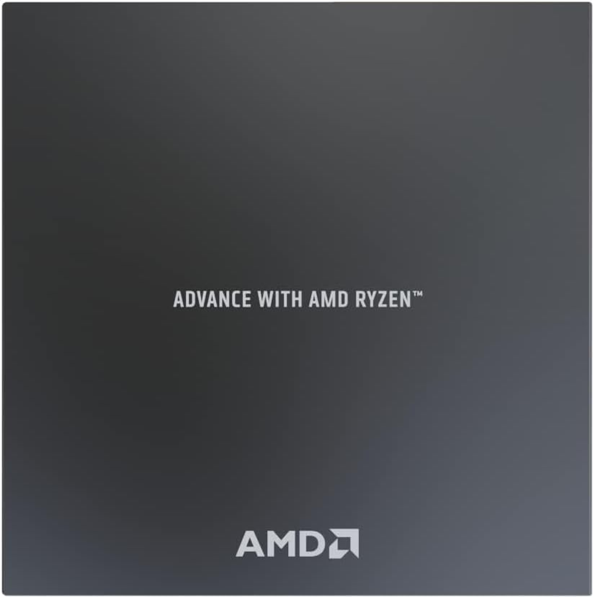 Ciemnoszara powierzchnia z białym tekstem: ADVANCE WITH AMD RYZEN. Logo AMD na dole.