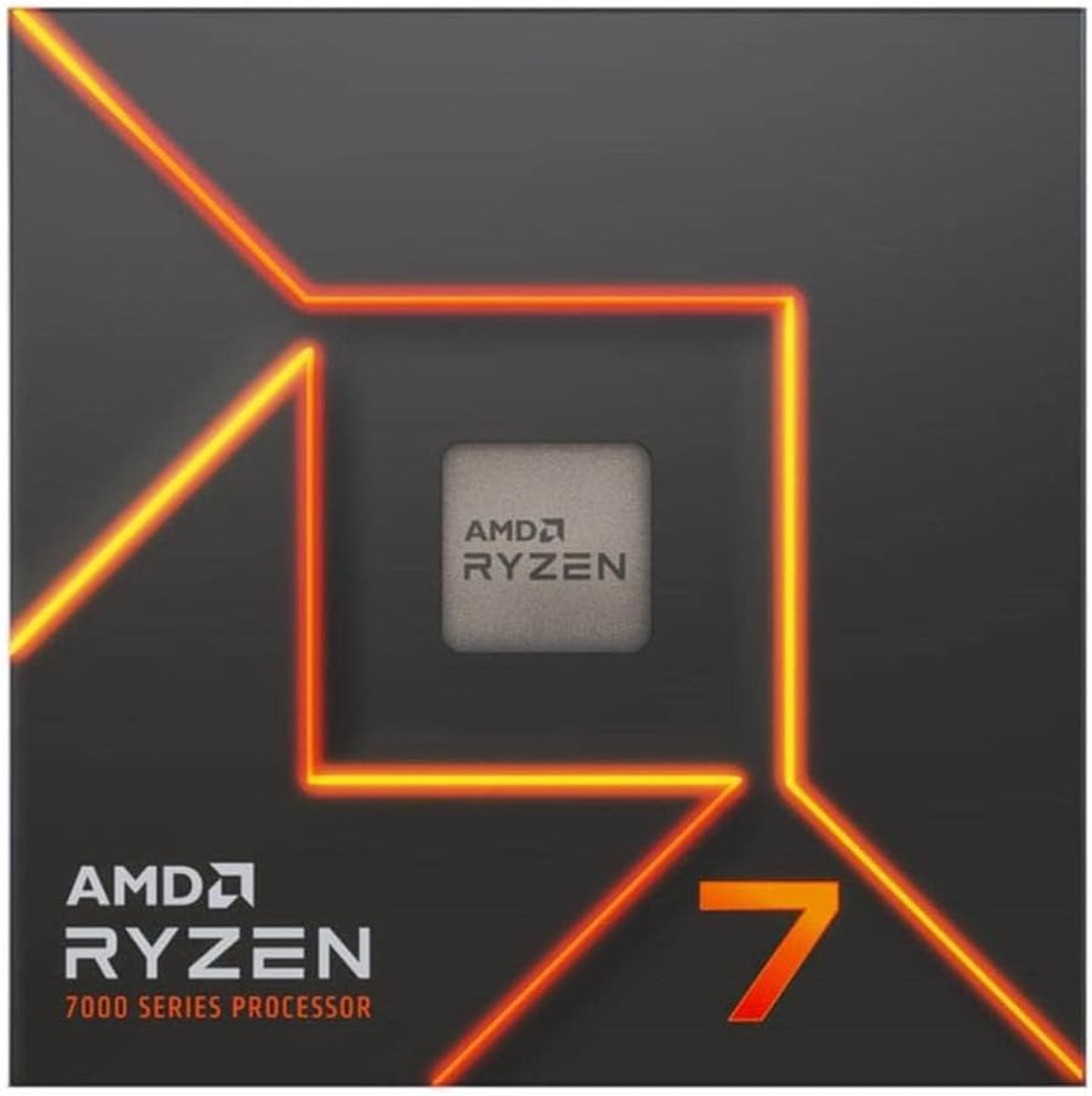 Pudełko procesora AMD Ryzen 7 z pomarańczowymi liniami tworzącymi kwadrat wokół logo.