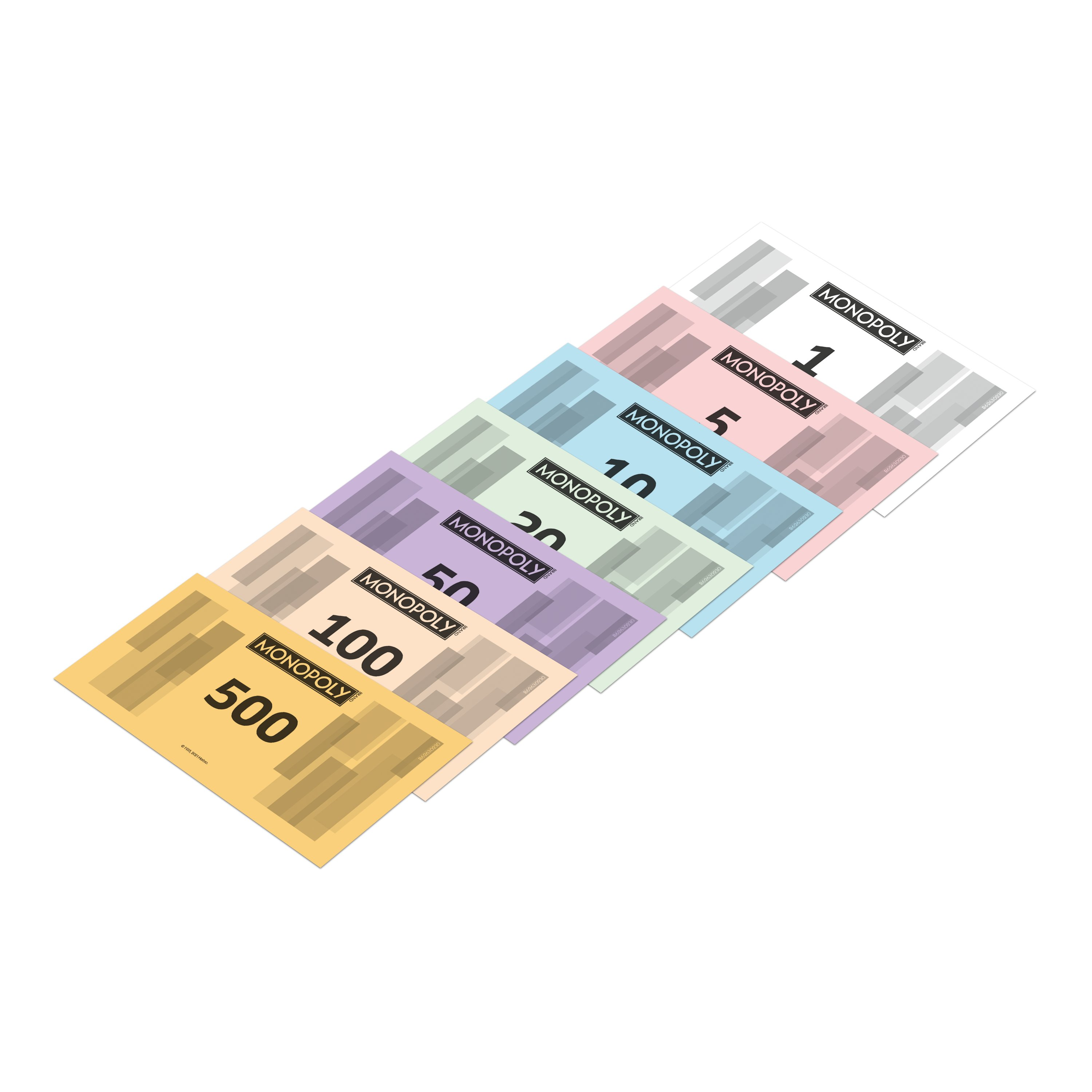 Ein Satz Monopoly-Geldscheine in verschiedenen Stückelungen, in einer Reihe angeordnet.