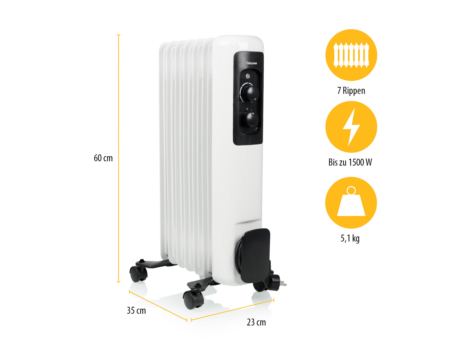 Weißer Ölradiator mit schwarzen Bedienelementen, auf Rädern und mit Maßangaben.