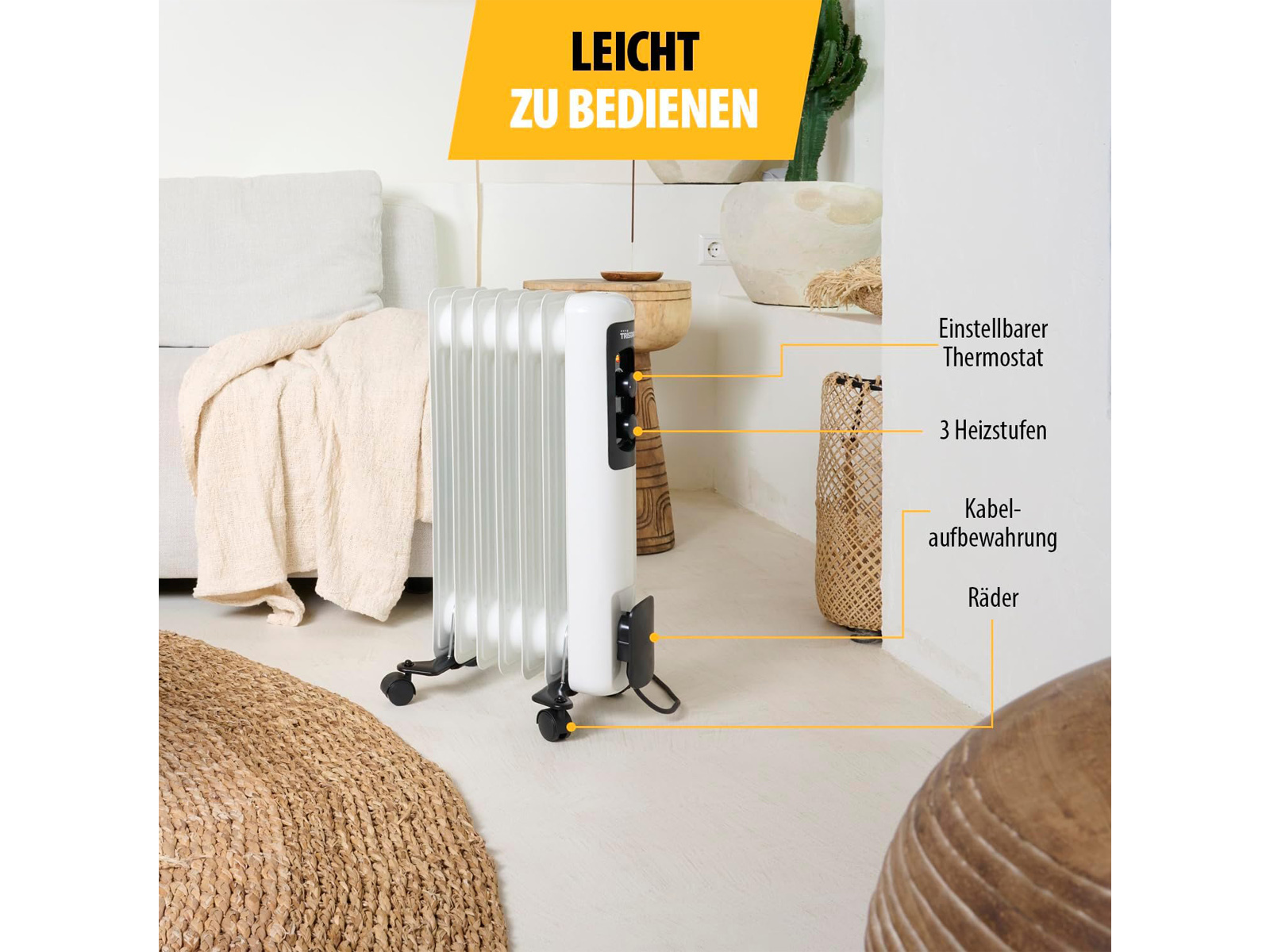 Weißer Ölradiator mit Funktionsbeschriftungen, in einer Raumsituation.
