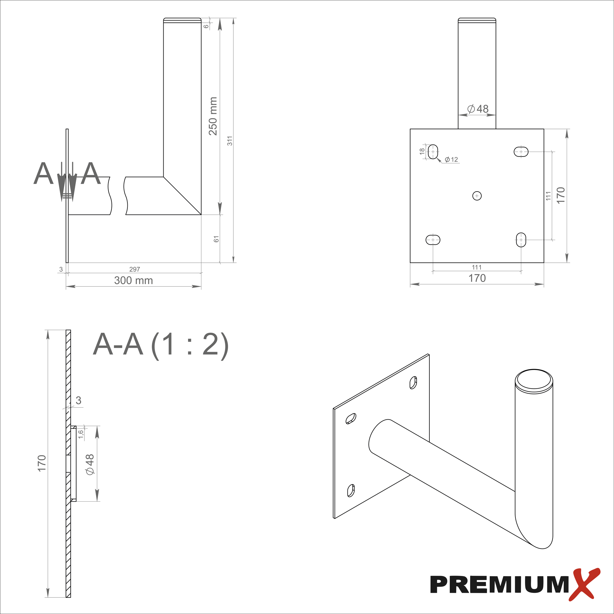 PREMIUMX 25-30cm Halterung verzinkt SAT SAT-Wandhalterung, Wandhalter Silber Stahl Wand