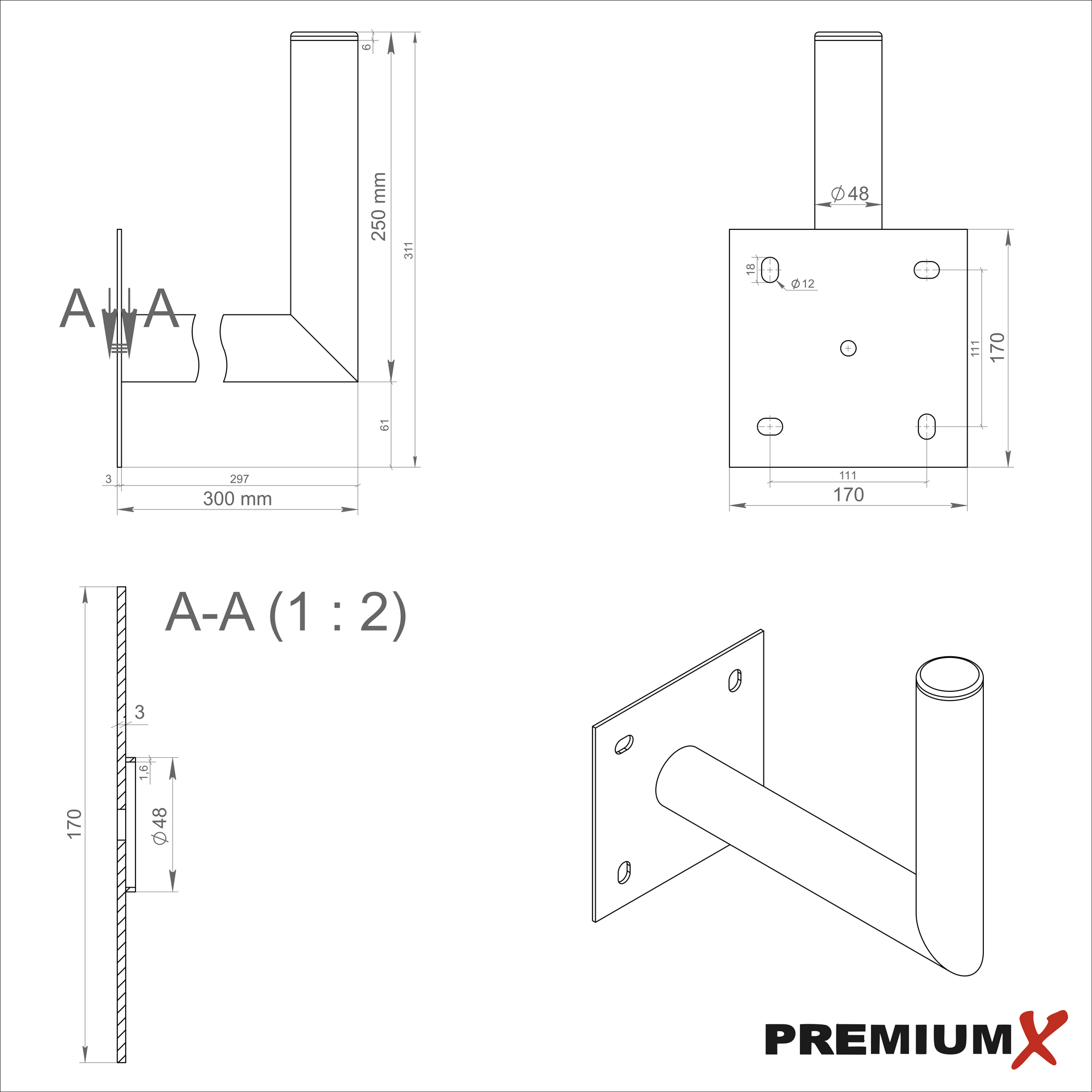 Technische Zeichnung einer Metallhalterung, mit Abmessungen und Details zur Montage, mit weißem Hintergrund.