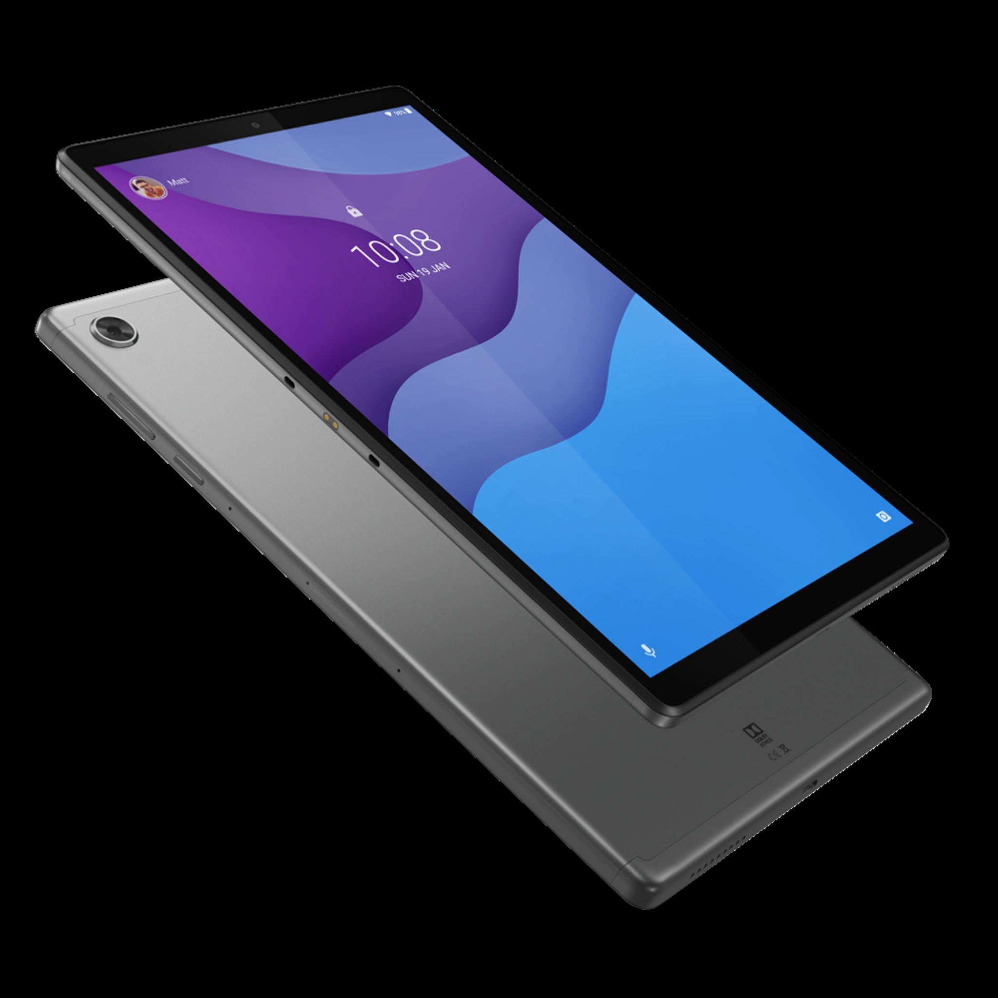 Due tablet argentati su sfondo nero. Tablet superiore con schermo blu e viola. Quello inferiore è argento semplice.