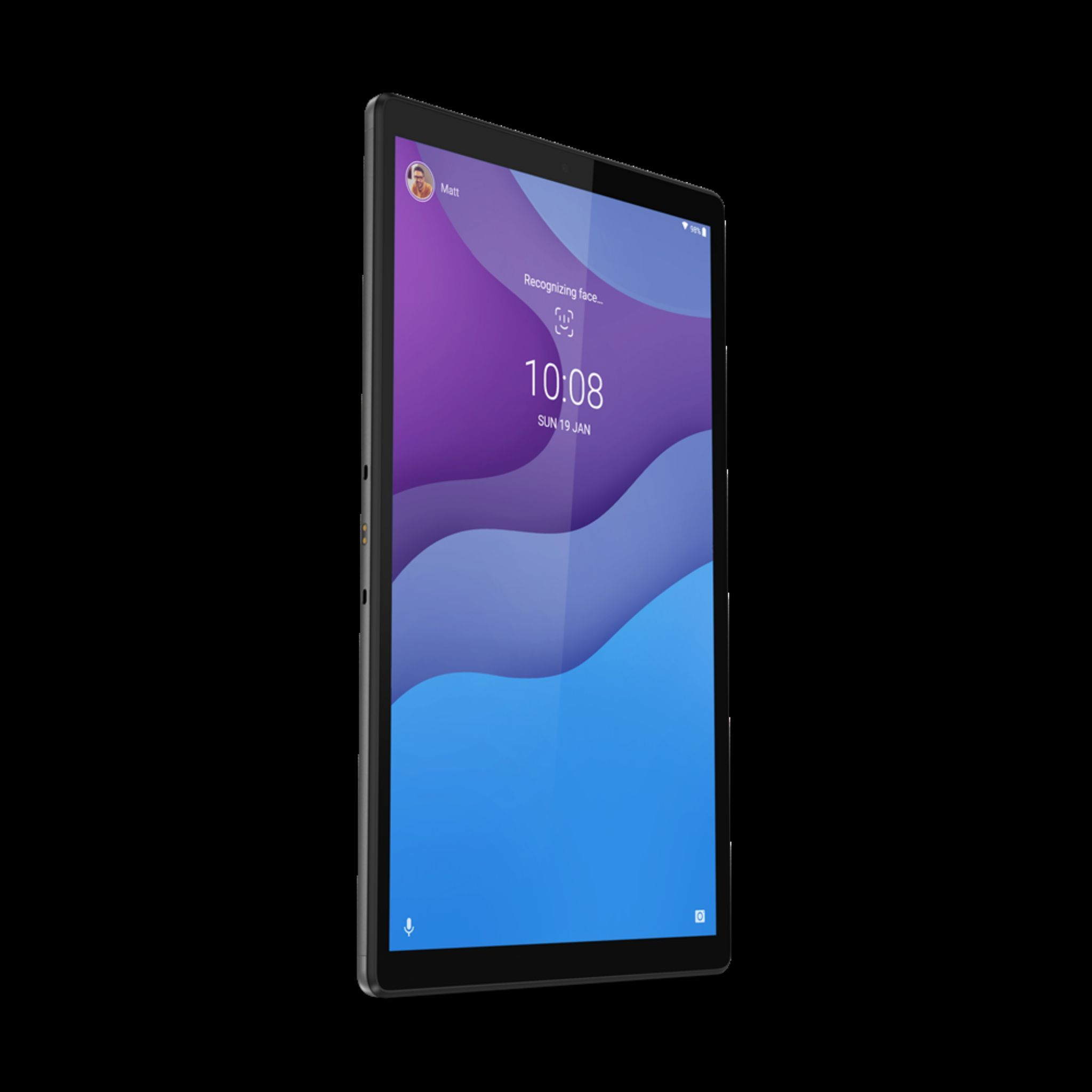 Tablet in vista verticale su sfondo nero, che mostra il riconoscimento facciale.