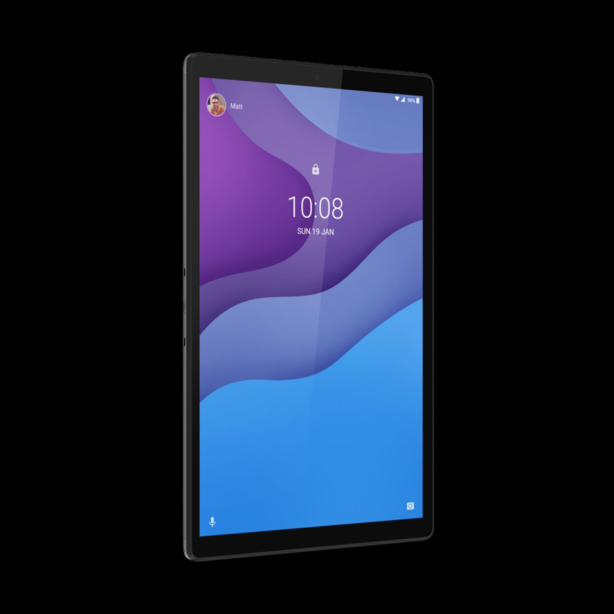 Tablet, cornice nera, mostra una schermata di blocco. Sfondo scuro.