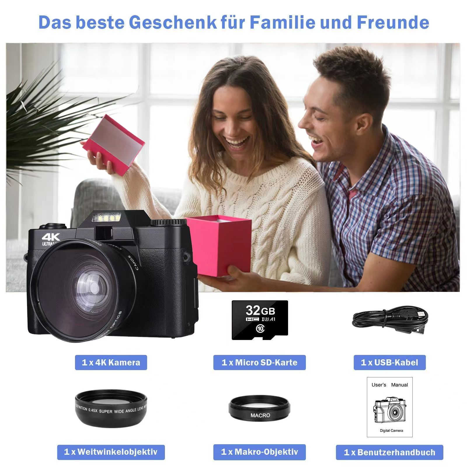 Paar hält Kamera und Geschenkbox, mit Kamerazubehör.