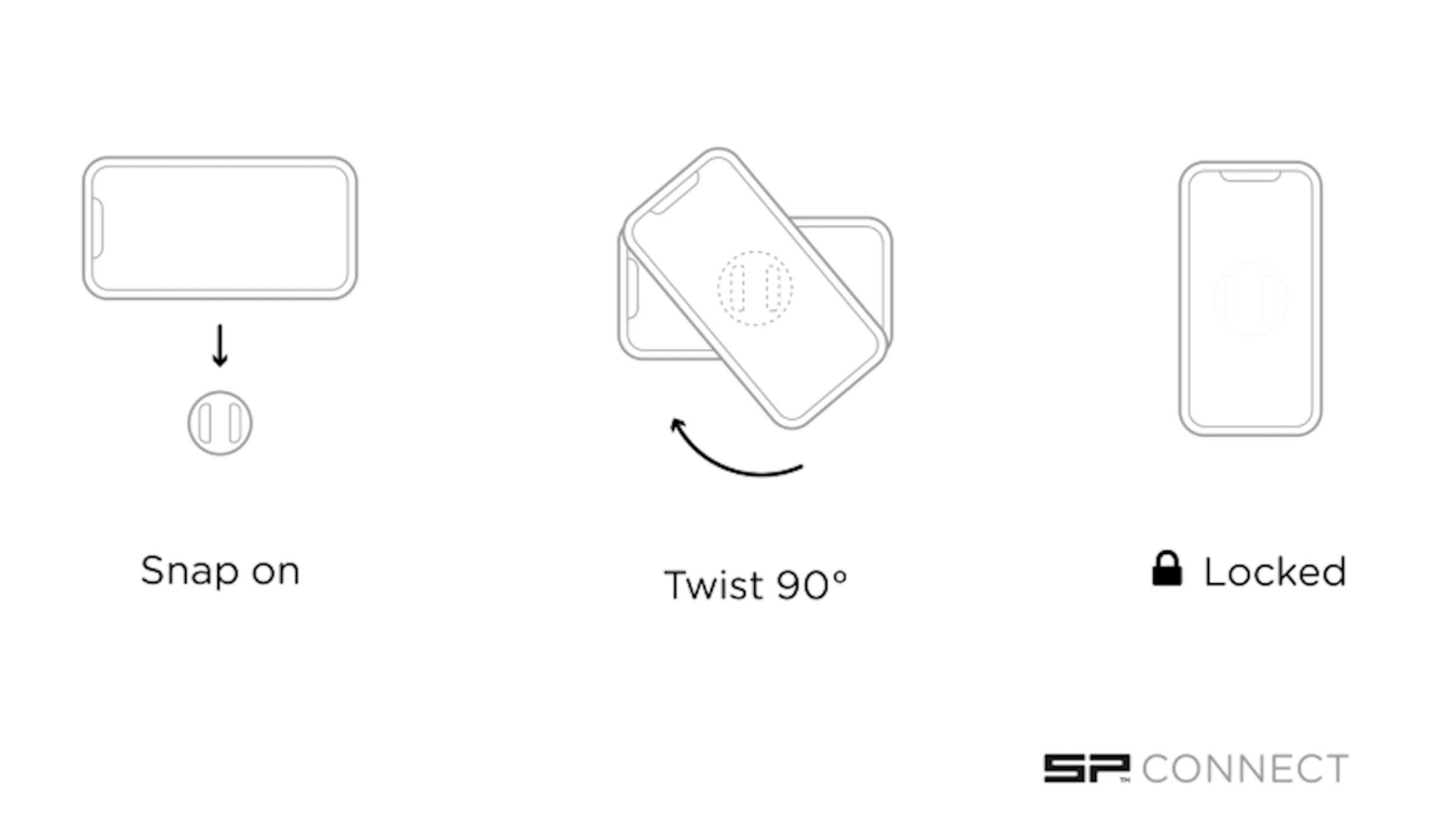 Diagramm, das zeigt, wie man ein Telefon mit Dreh- und Verriegelungsmechanismus anbringt.