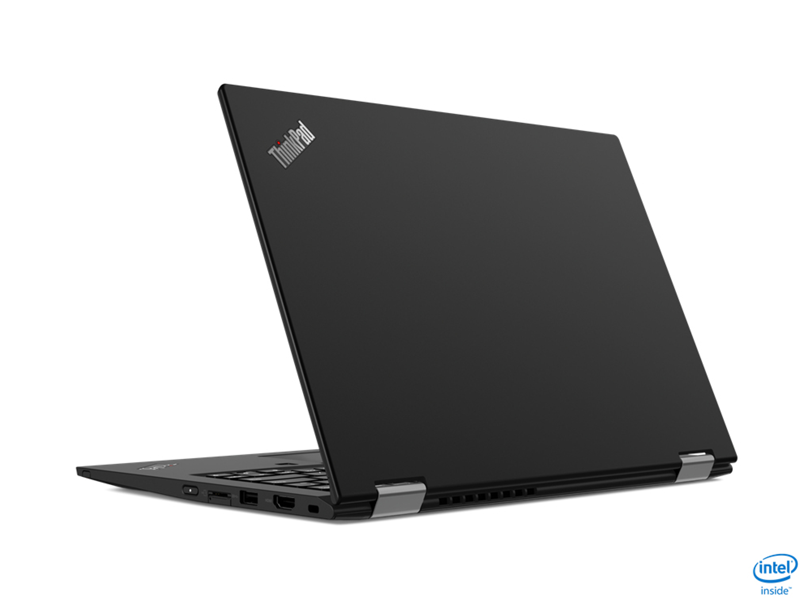 Czarny laptop pokazany od tyłu z logo Intel.