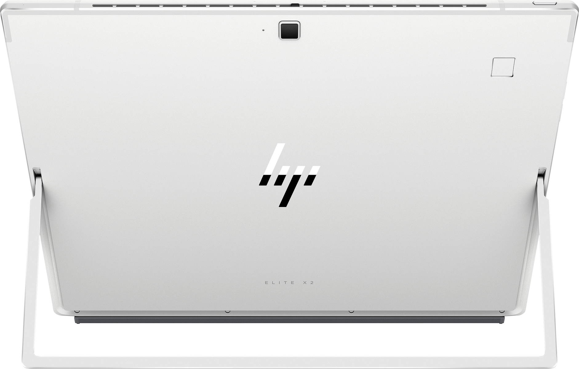 Geöffnetes weißes HP Tablet-Laptop, zeigt Tastatur und Rückseite, vor weißem Hintergrund.