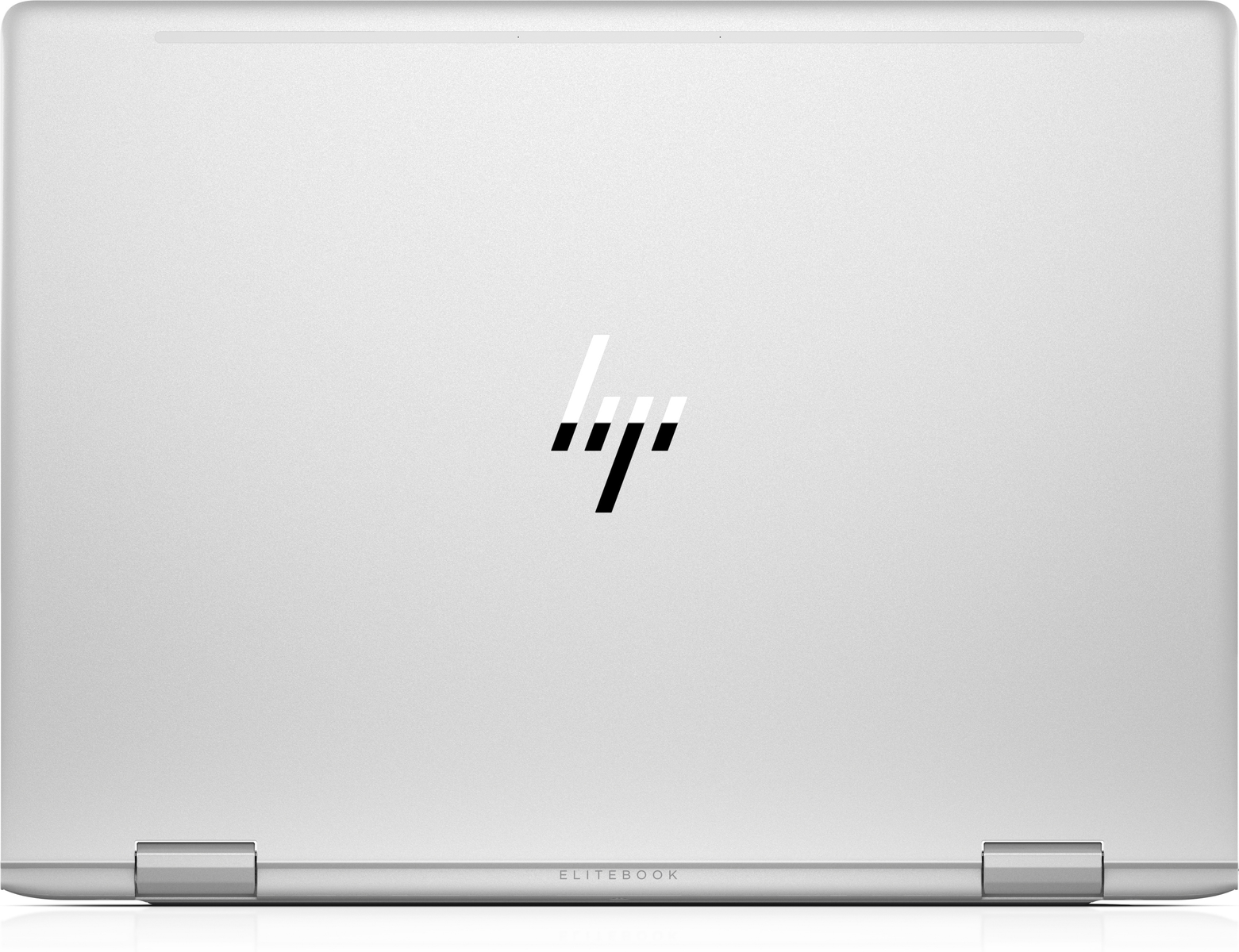 Silberner HP Laptopdeckel geschlossen, HP-Logo zentriert. Weißer Hintergrund, Nahaufnahme.