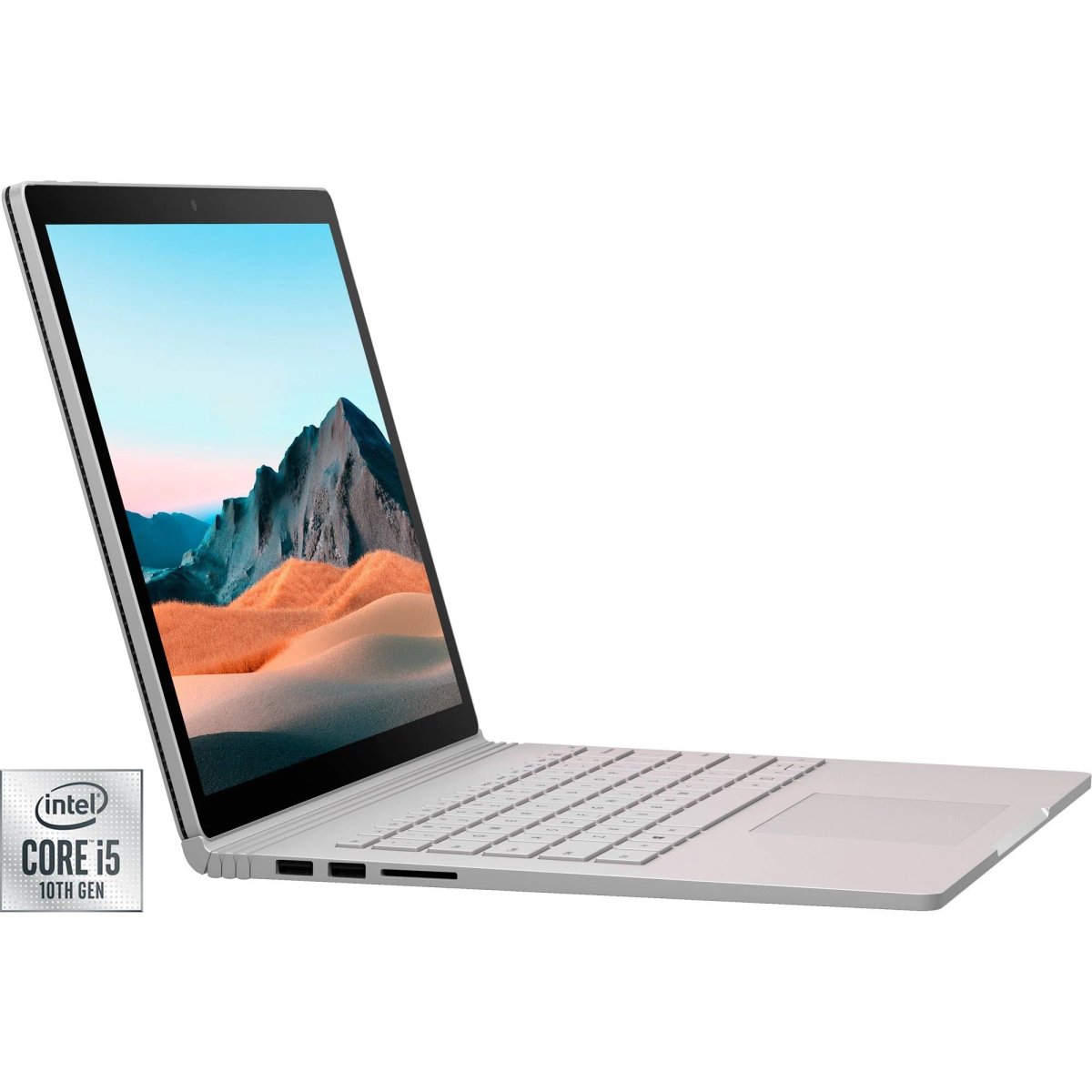 Silberner Laptop mit weißer Tastatur, geöffnet in einem Winkel, zeigt eine Berglandschaft auf dem Bildschirm.