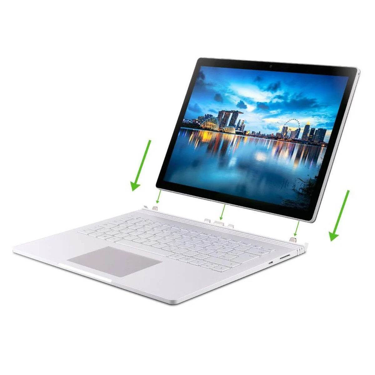 Surface Laptop vom Keyboard getrennt, Bildschirm mit Stadtlandschaft.