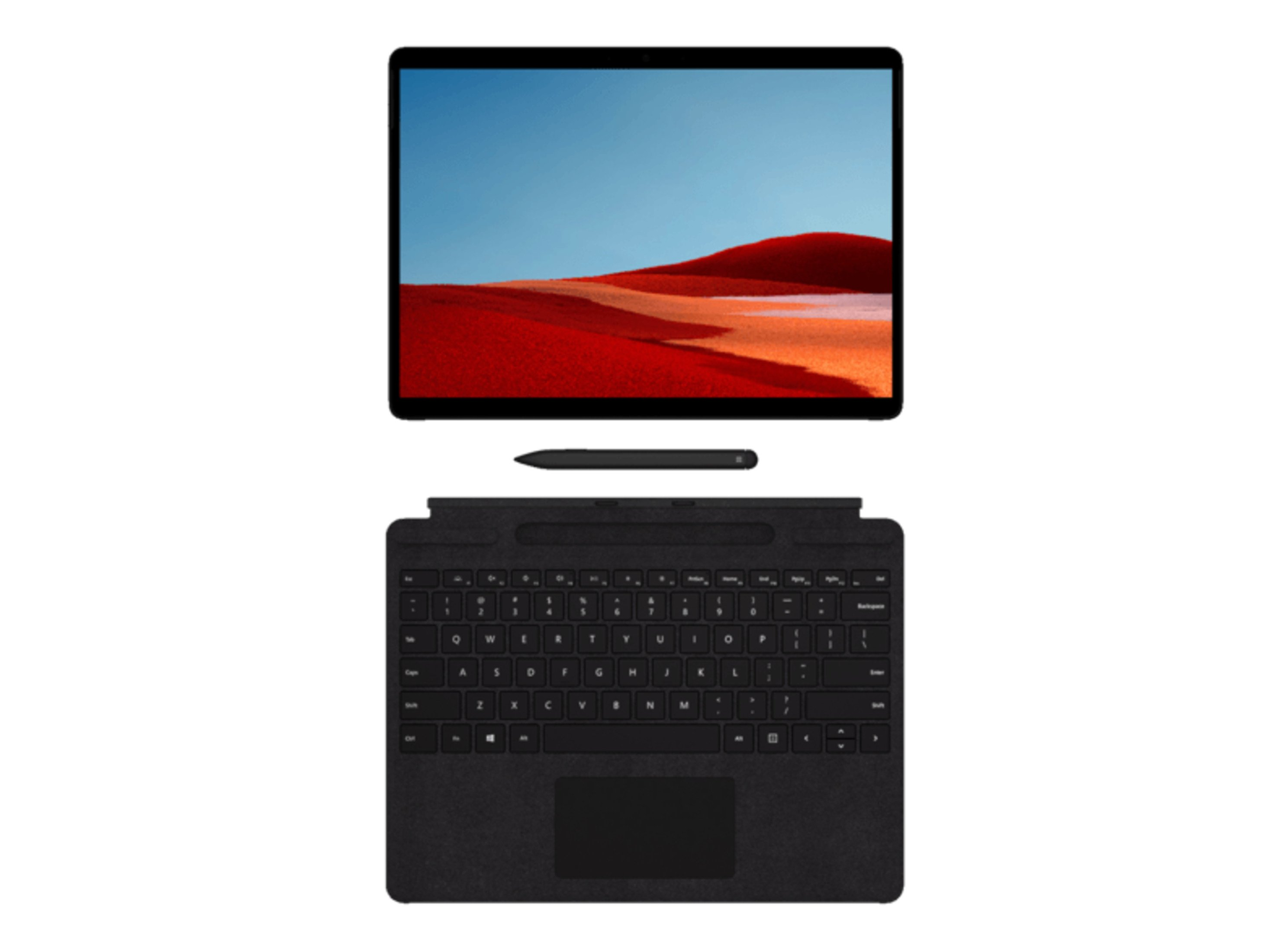 Schwarzes Tablet mit abnehmbarer Tastatur und Stift. Bildschirm zeigt Landschaft mit Rot und Blau.
