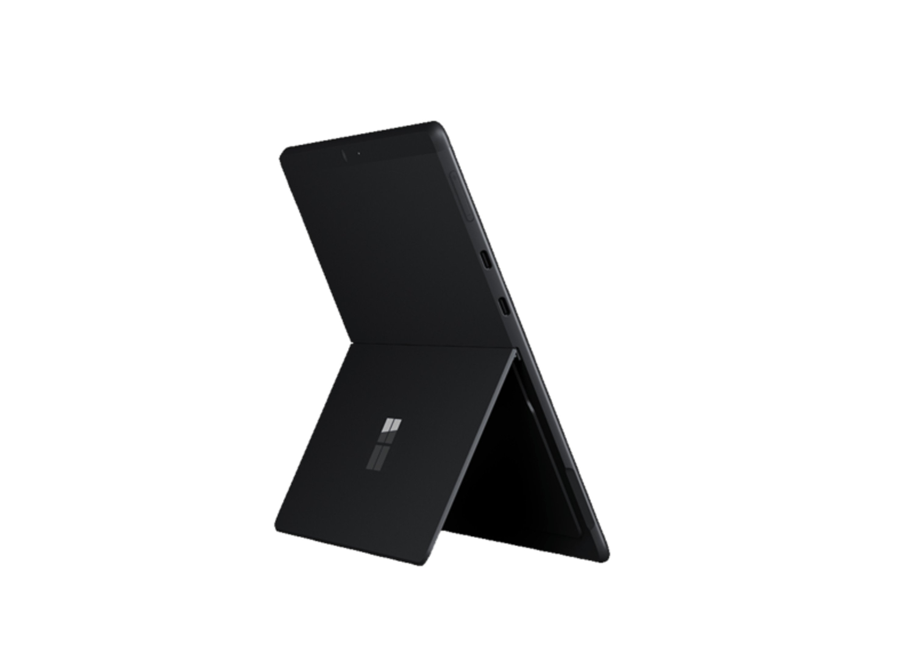 Schwarzes Surface Pro Tablet mit angeschlossener Tastatur. Tablet angewinkelt geöffnet. Weißer Hintergrund.