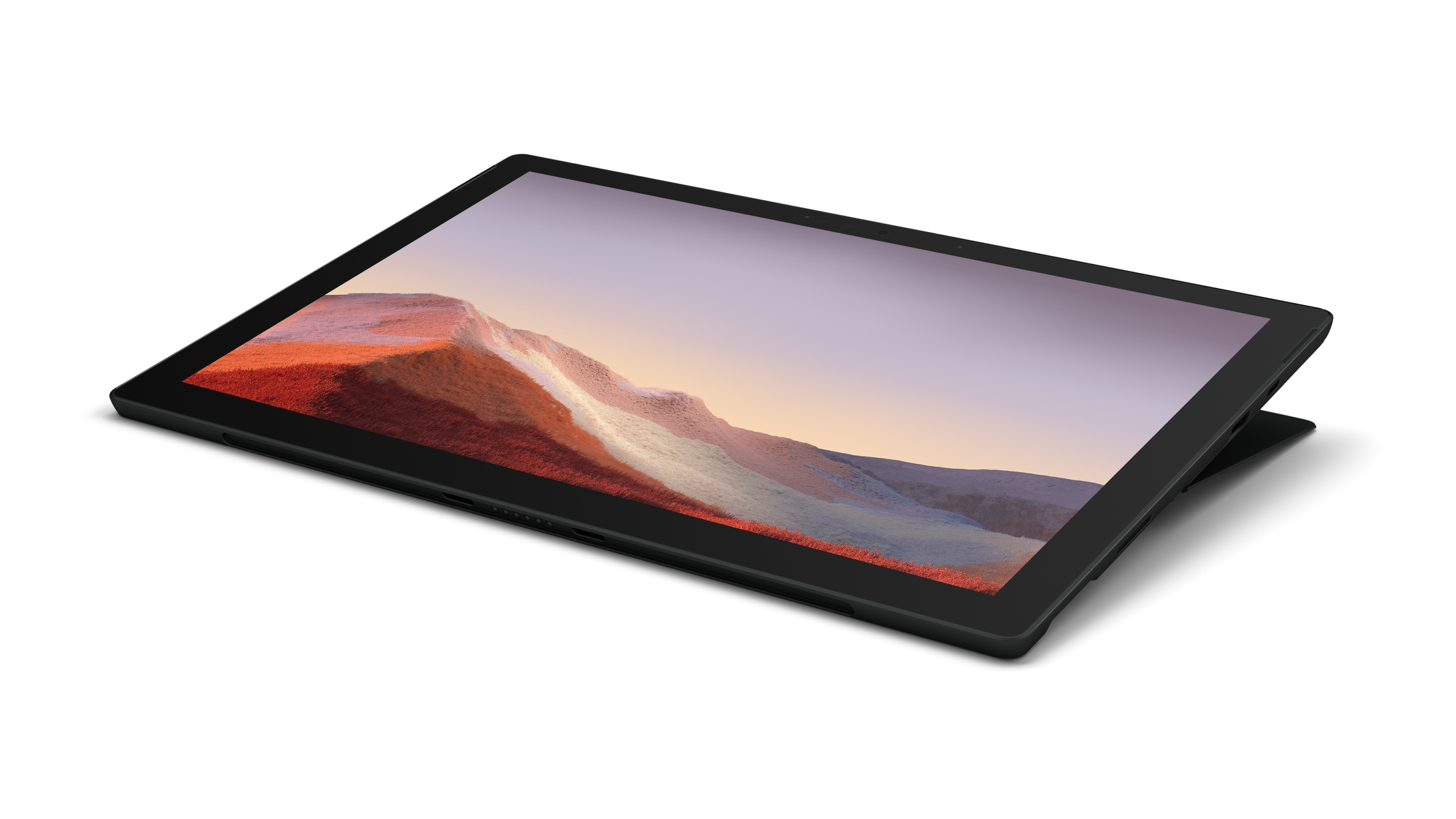 Tablet nero con schermo paesaggistico. È inclinato, sfondo bianco.
