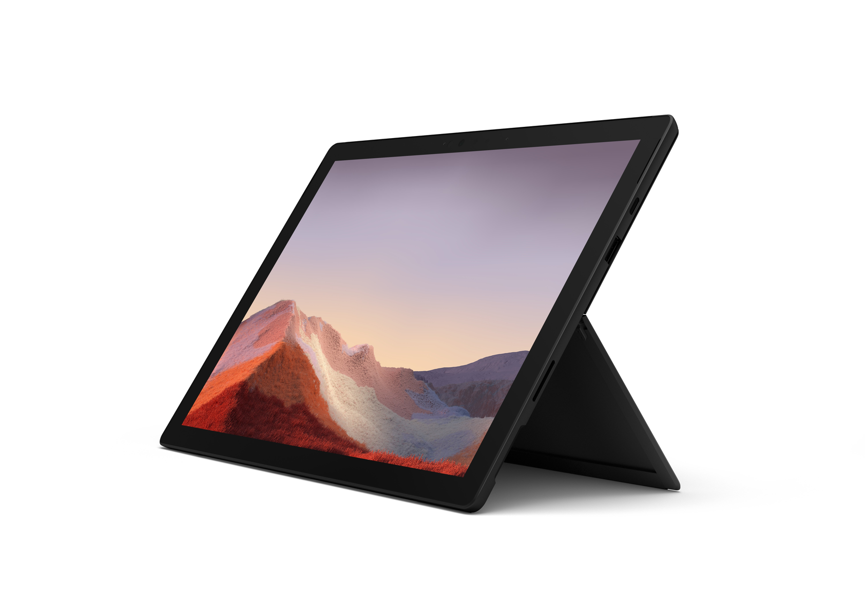 Tablet nero su sfondo bianco, leggermente angolato, con stilo collegato.