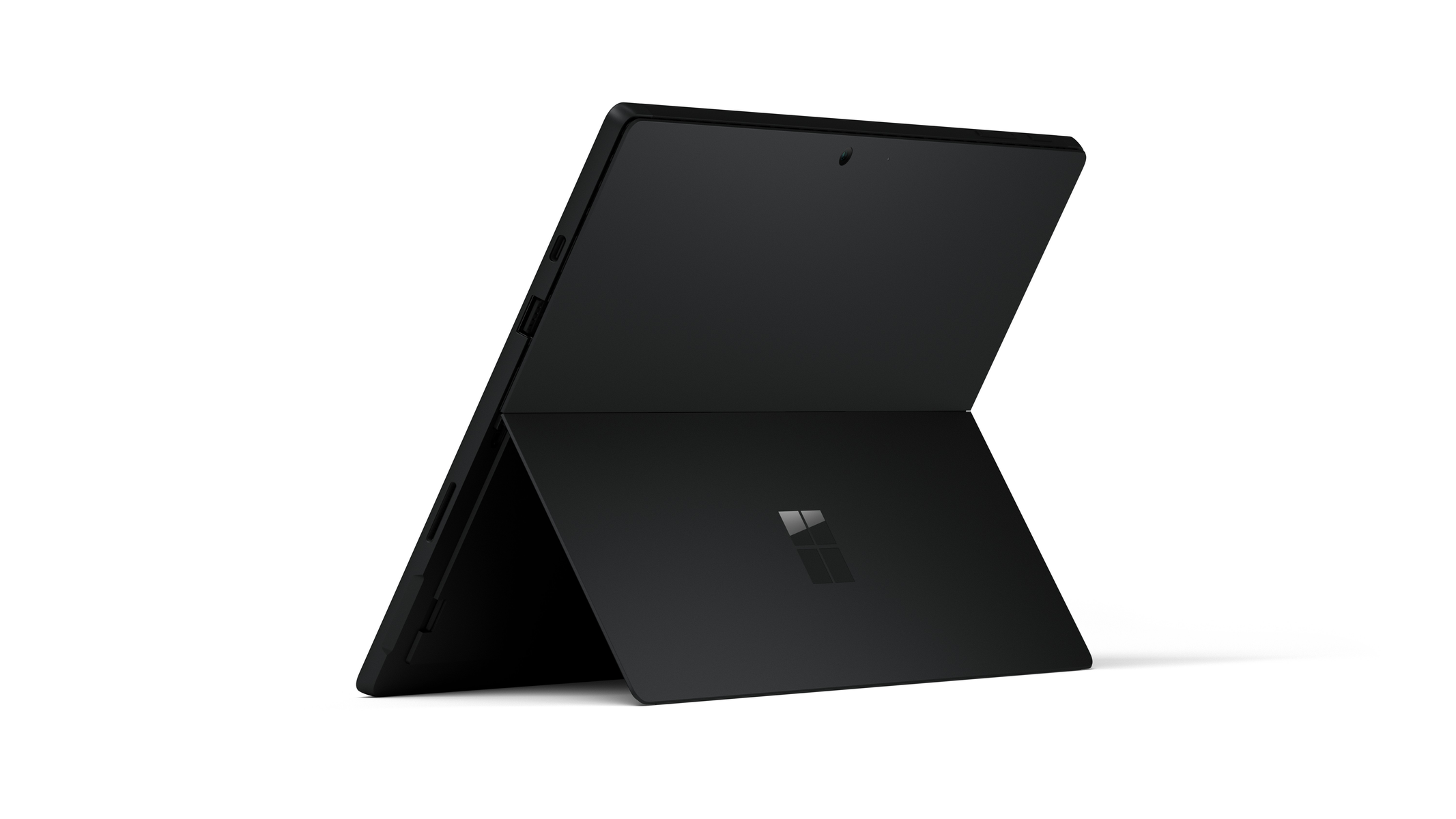 Un tablet nero con supporto, con la parte posteriore rivolta allo spettatore, sfondo bianco.