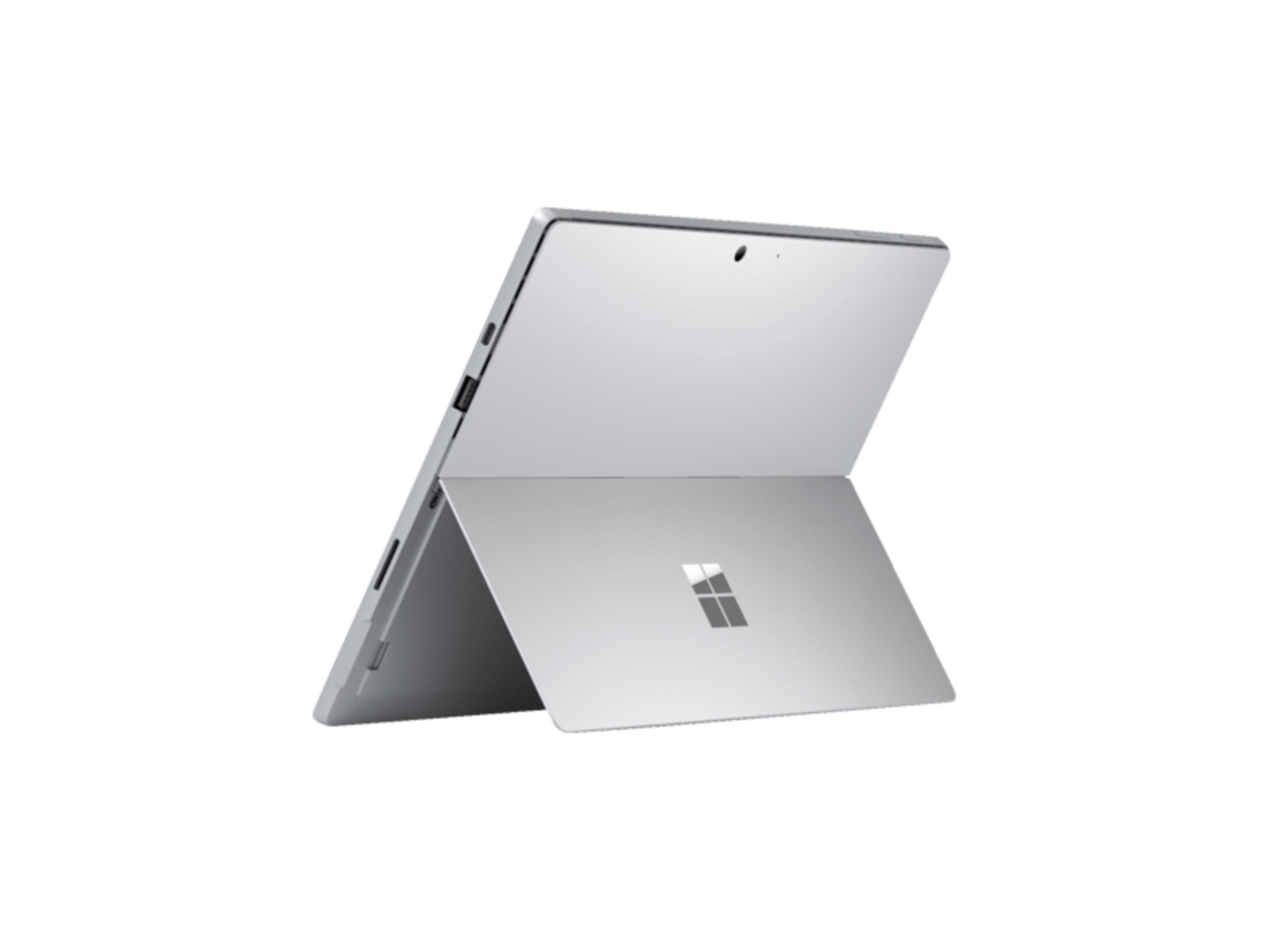 Tablet con logo Microsoft, aperto, colore argento, su sfondo bianco, vista angolata.