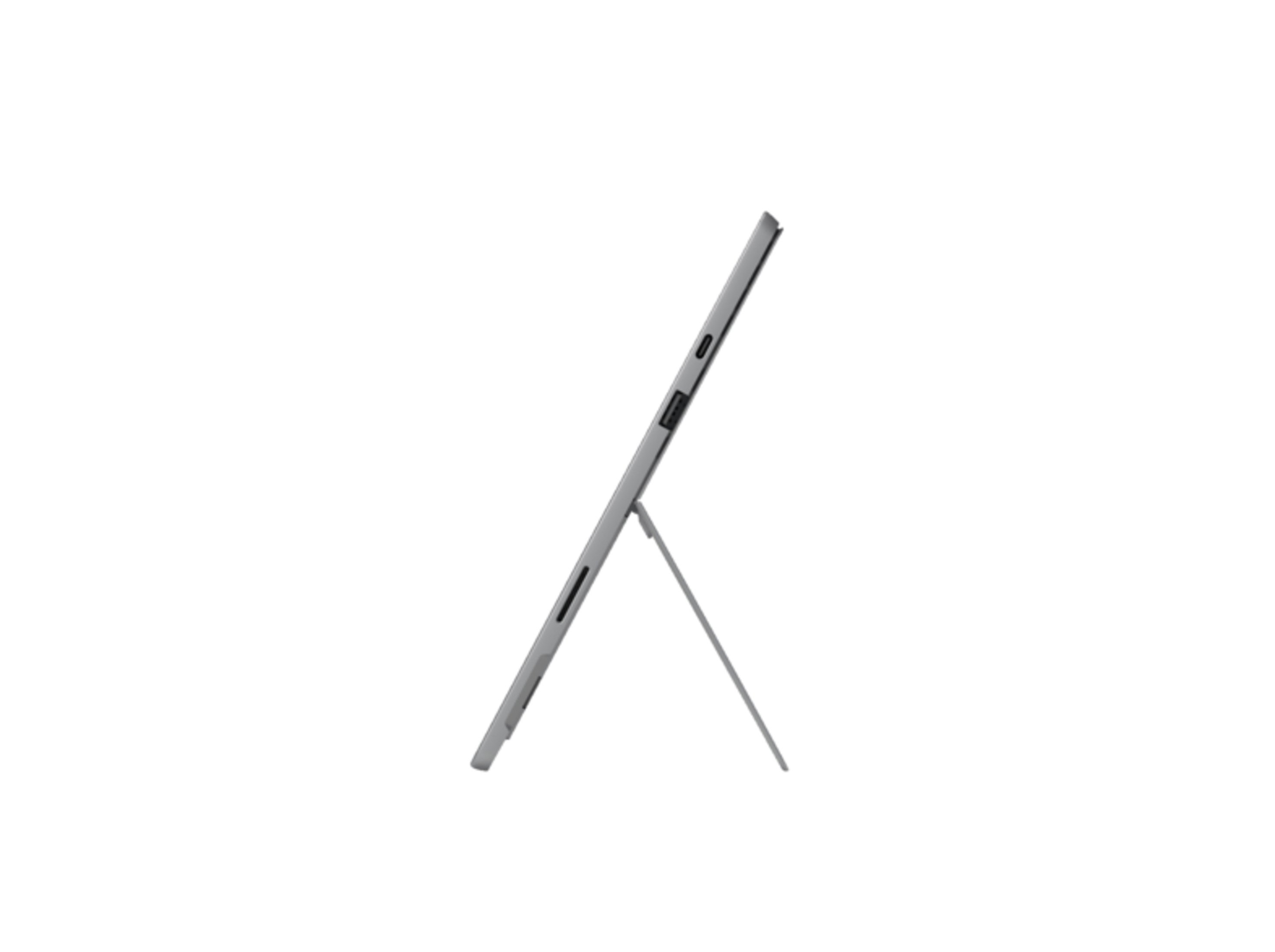 Un tablet grigio è aperto. La vista laterale mostra le porte e un cavalletto. È su uno sfondo bianco.