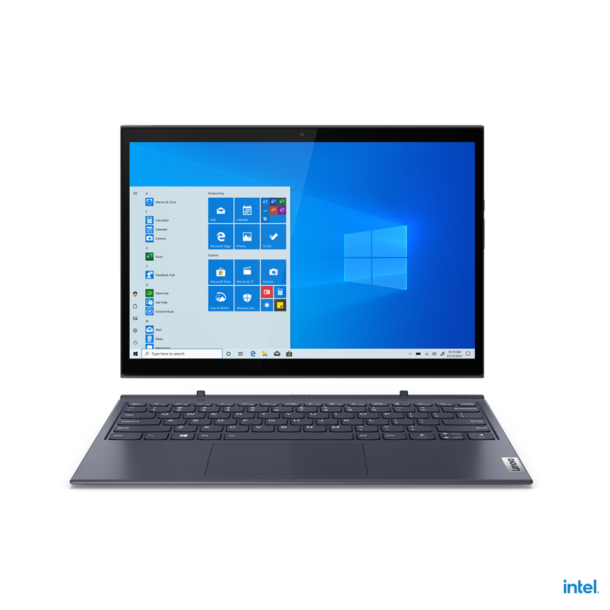 Laptop mit angeschlossener Tastatur, Bildschirm an. Weißer Hintergrund.