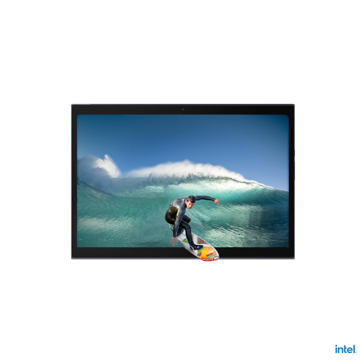 Tablet mit einem Bildschirm, der einen Surfer auf einer Welle zeigt. Der Hintergrund ist ein blauer Himmel und Ozean.