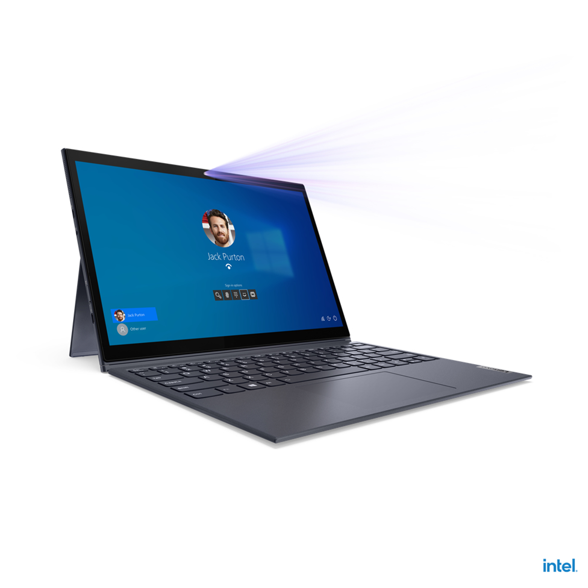 Laptop mit beleuchtetem Bildschirm. Der Bildschirm zeigt ein Benutzerprofil. Oben leuchtet ein violettes Licht.