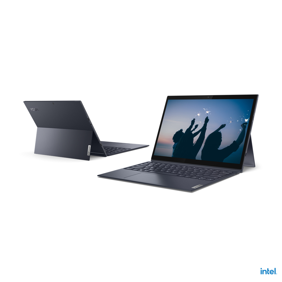 Zwei dunkelblaue Lenovo-Laptops. Einer ist geöffnet. Silhouetten von Personen auf dem Bildschirm. Intel-Logo.