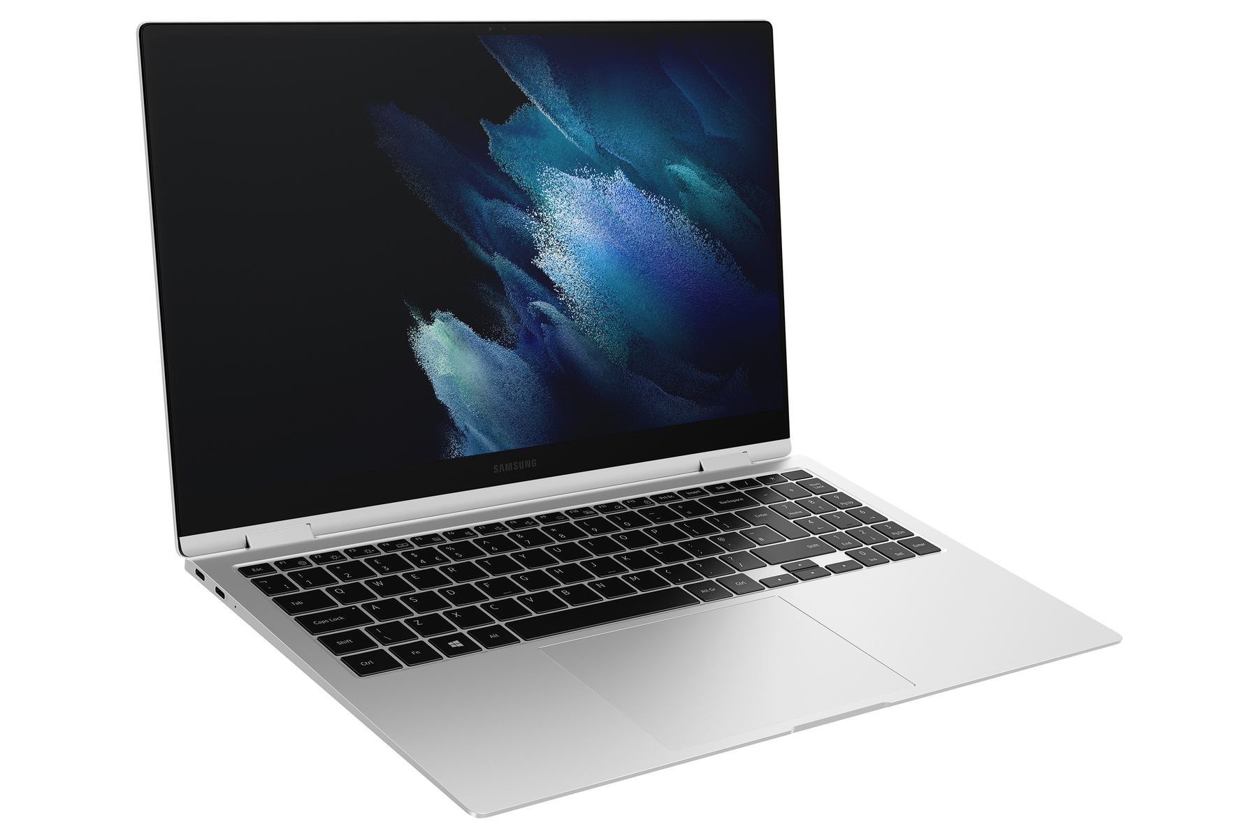 Silberner Laptop, leicht geöffnet. Schwarze Tastatur und Bildschirmanzeige. Weißer Hintergrund.