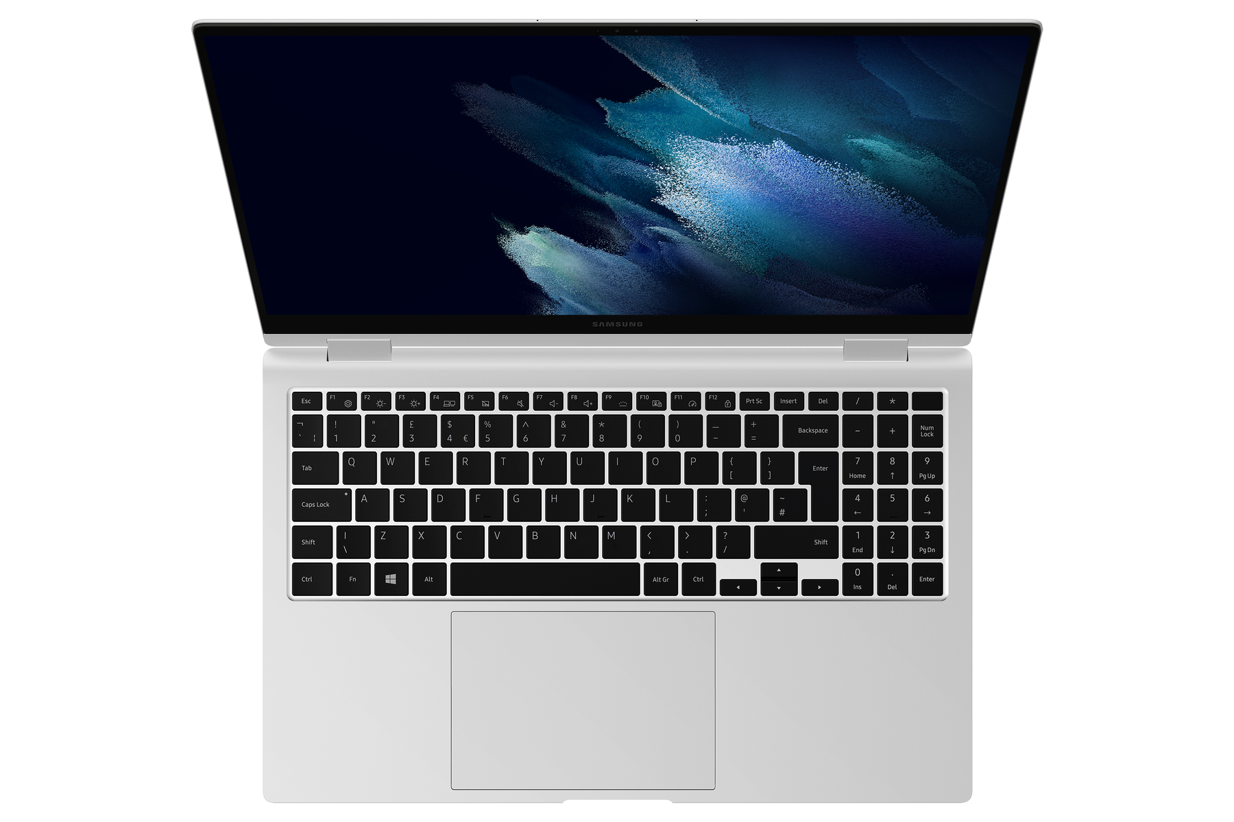Silberner Laptop, Draufsicht, Tastatur sichtbar. Weißer Hintergrund, Bildschirm zeigt.