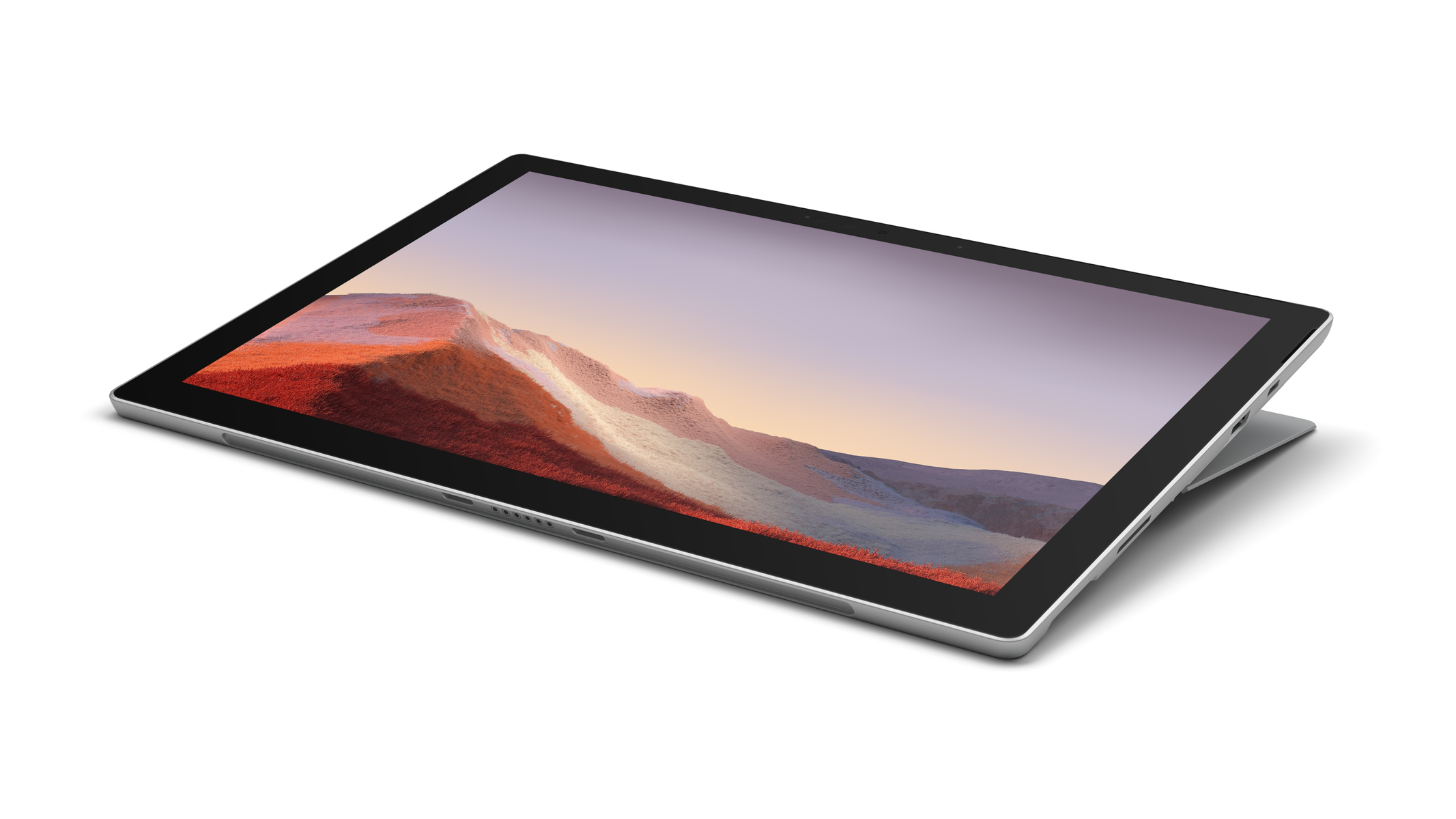 Un tablet su una superficie bianca, che mostra un'immagine del paesaggio.
