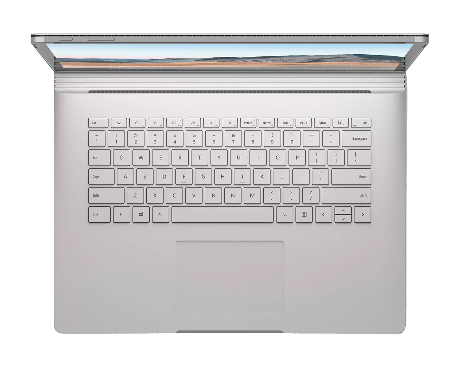 Draufsicht auf silbernen Laptop mit Tastatur. Bildschirm zeigt Landschaftsbild.