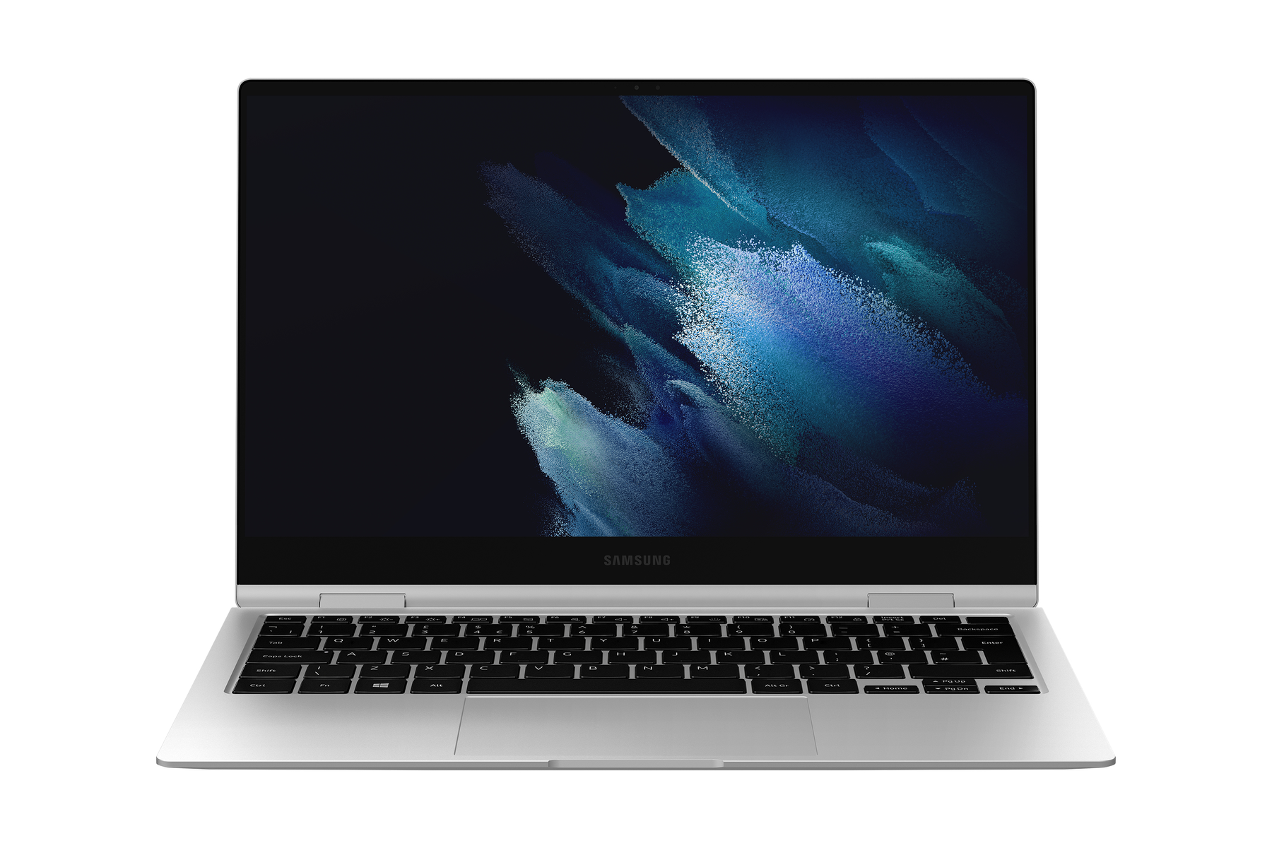 Silberner Samsung Laptop, geöffnet. Der Bildschirm zeigt ein Nebel-Design. Schwarze Tastatur.