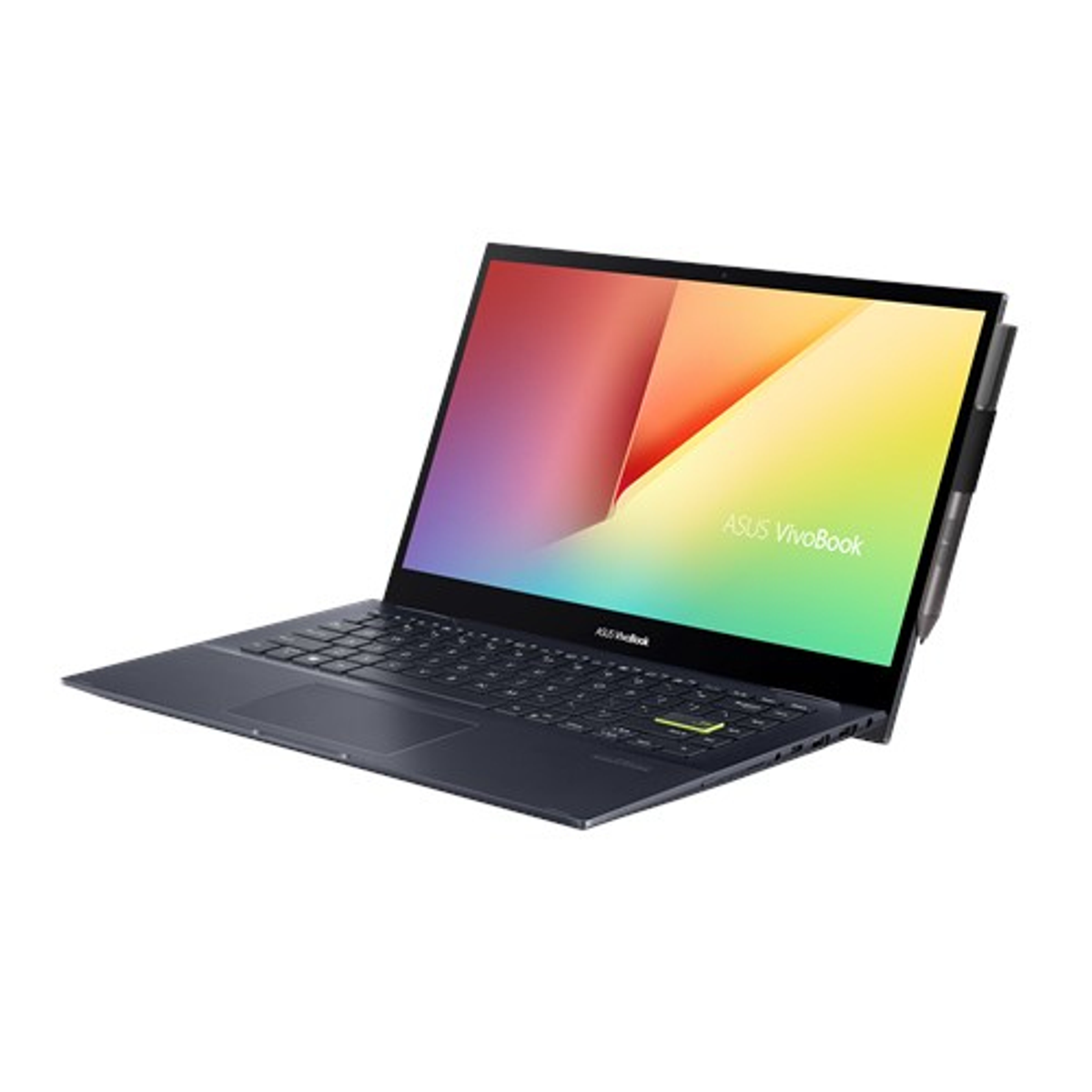 Laptop mit geöffnetem Bildschirm und Stift auf weißem Hintergrund.
