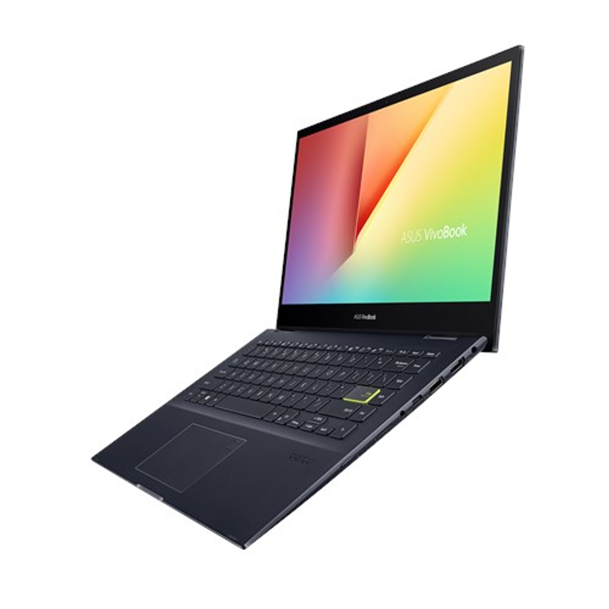 Schwarzes ASUS VivoBook Laptop mit geöffnetem Bildschirm, der Farben zeigt, auf weißem Untergrund.