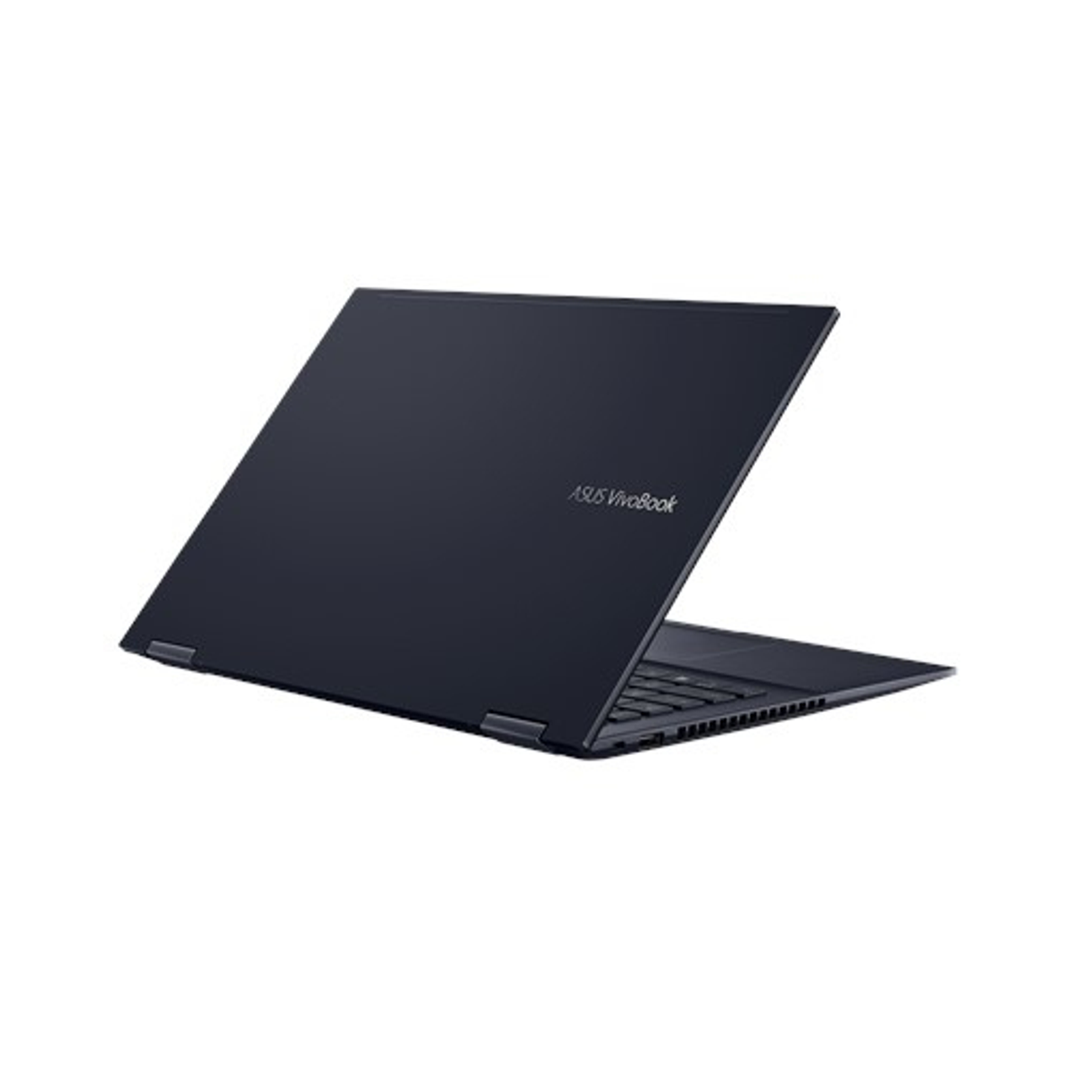 Ein marineblauer Laptop ist abgewinkelt und zeigt die Rückseite des Bildschirms und das Asus Vivobook-Logo.