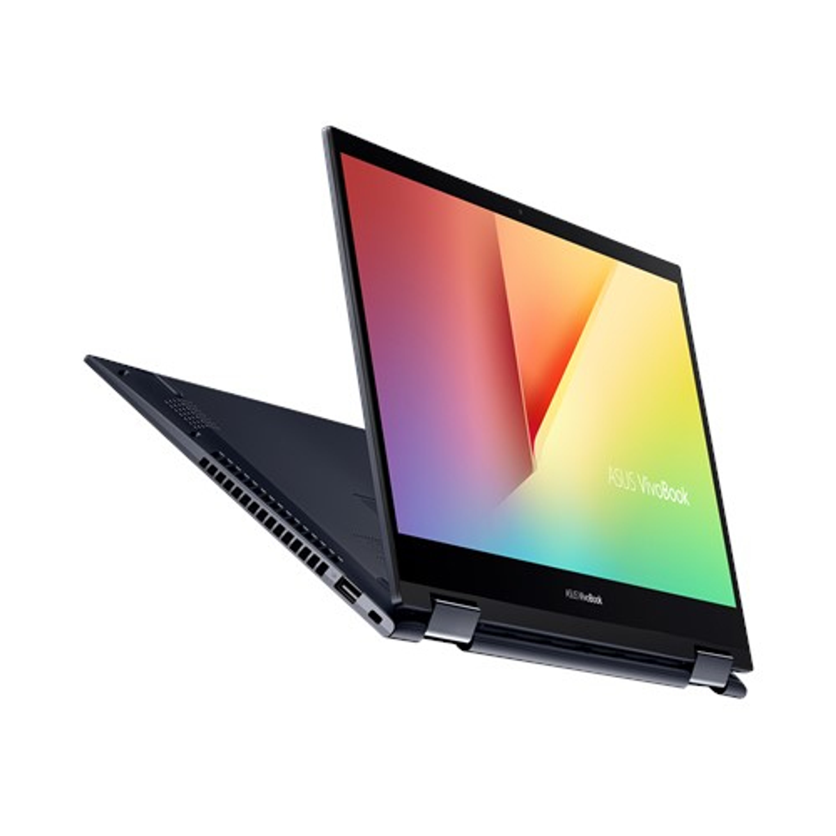 Schwarzer Laptop mit geöffnetem Bildschirm, der eine farbenfrohe Anzeige zeigt.