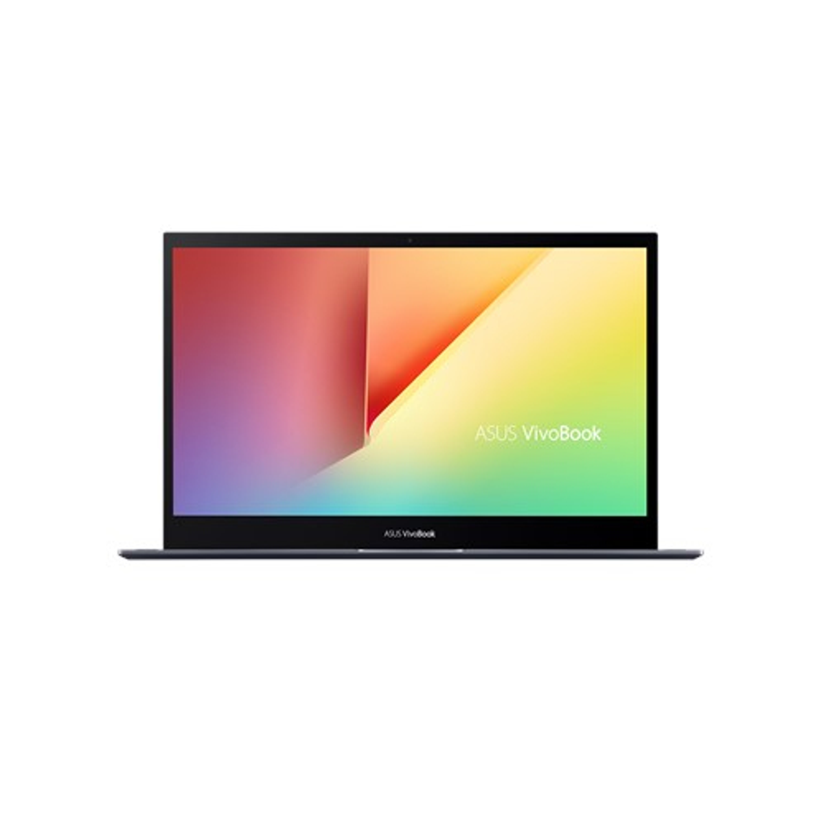 Laptop mit farbenfrohem Bildschirm, Asus VivoBook. Das Gerät ist geöffnet und vor weißem Hintergrund.