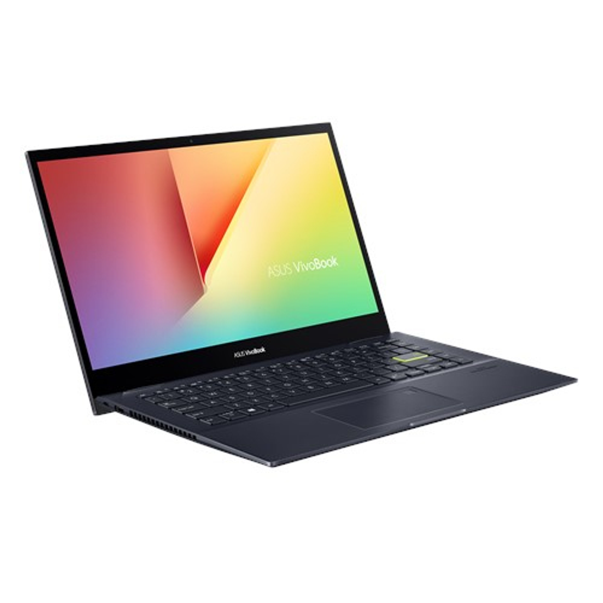 ASUS Vivobook Laptop mit farbenfrohem Bildschirm. Der Laptop ist geöffnet und zeigt Tastatur und Touchpad.
