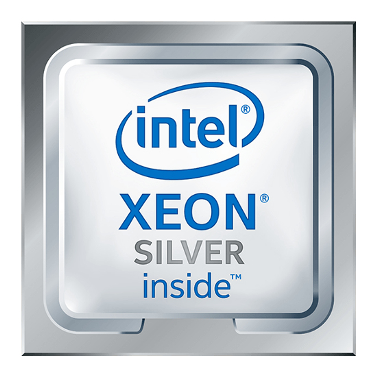 Logo del processore Intel Xeon Silver. Il logo è argento su sfondo bianco, all'interno di un quadrato.